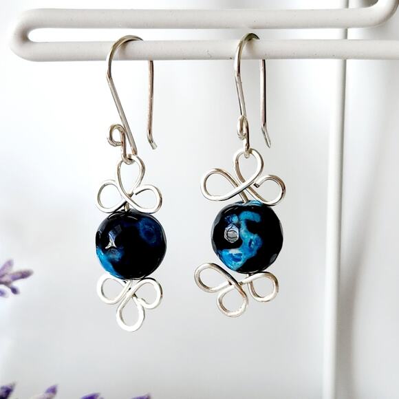 Agate Stone Beads Silver Wire Wrapped Dangle Earrings - Picture 1 of 9